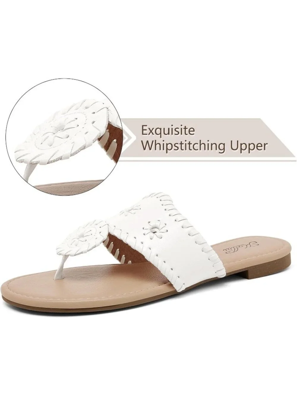Women's White Flats Wide Band Flip Flops Cushioned Insole Summer Brunch Sandals